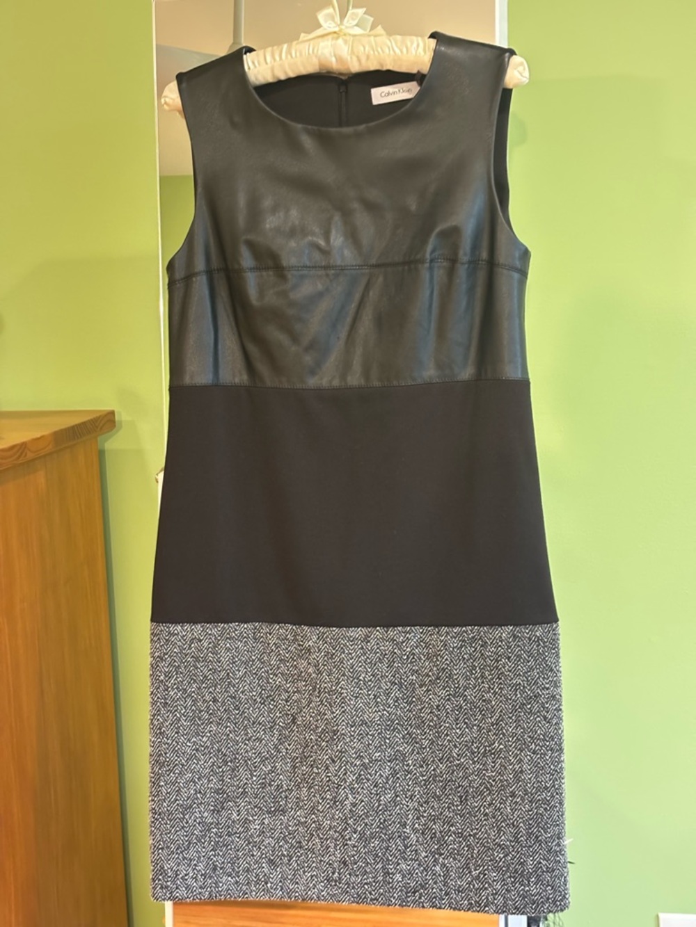 Calvin Klein Black Faux-Leather and Gray Mini Sheath Dress